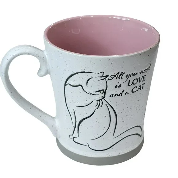 White And Pink Ceramic Cat Coffee Mug - All You Need Is Love And a Cat 16 Oz - Picture 1 of 16